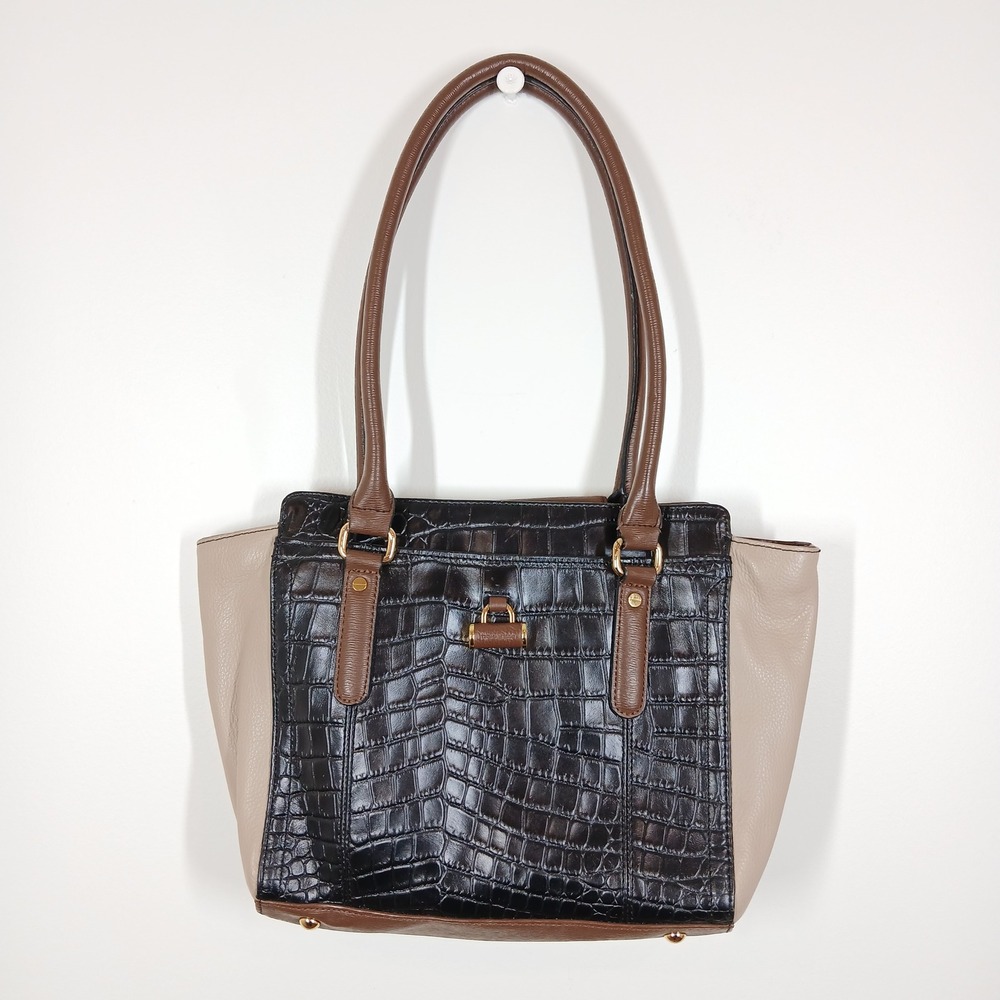 Tignanello Tote Bag Women Leather Black Beige Croc Colorblock Classic